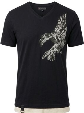 Ron Tomson Black V-Neck Tee with Silver Bird Graphic